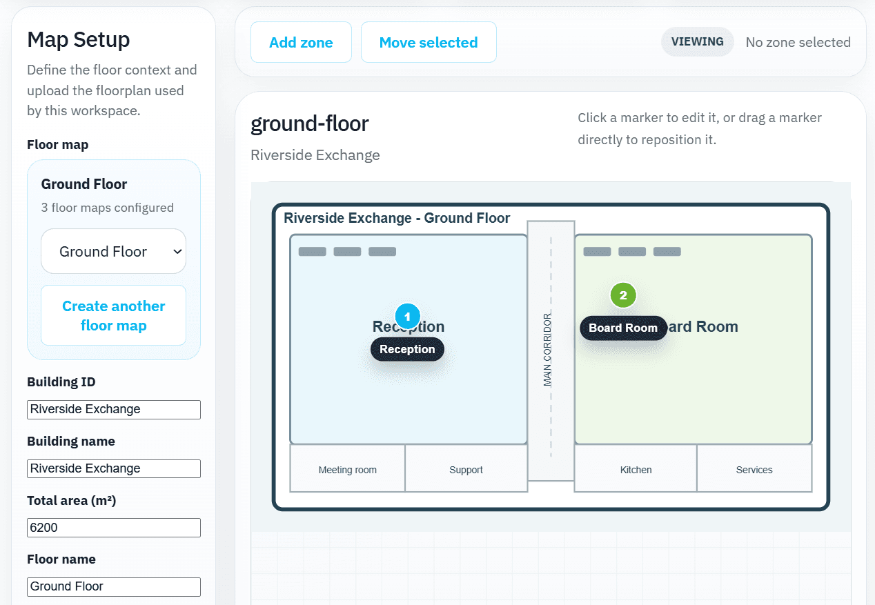 Entelligently Map Setup showing a building floor plan with Reception and Board Room zones.