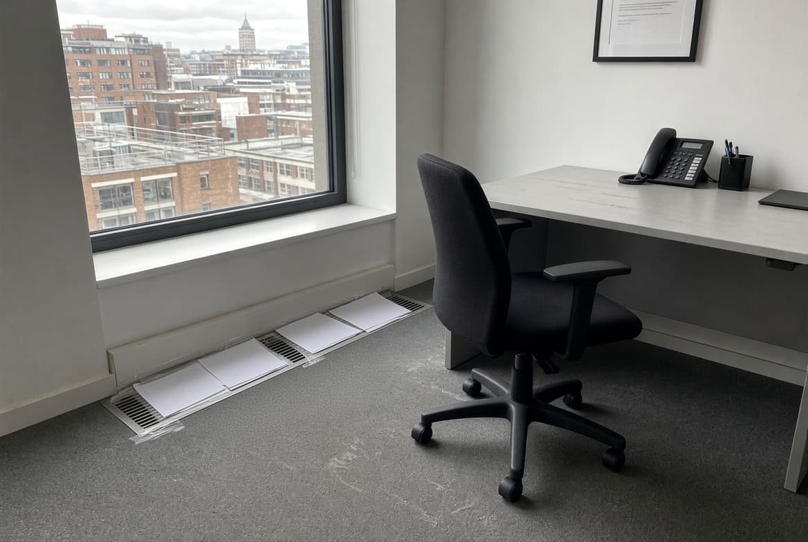Office workstation beside floor air vents that have been covered with sheets of paper.