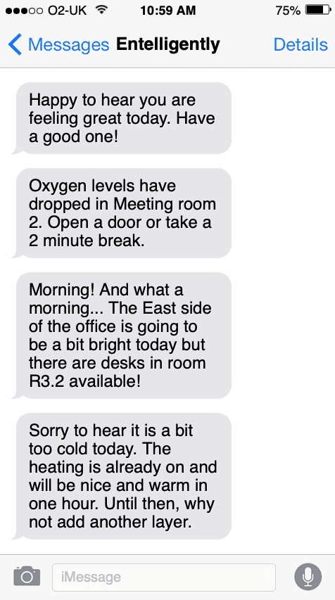 Examples of Entelligently Smart Nudge messages providing comfort, air quality and workspace suggestions.